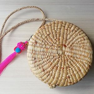 Woven Straw Round Circle Bag PomPom Tassel Purse